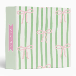 Personalized Girly Coquette Green Stripe Bow Binder