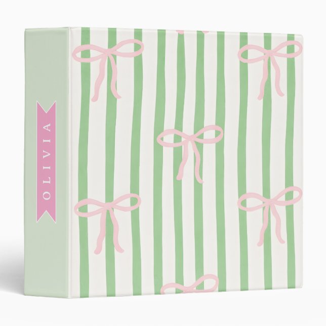 Personalized Girly Coquette Green Stripe Bow Binder (Front/Spine)
