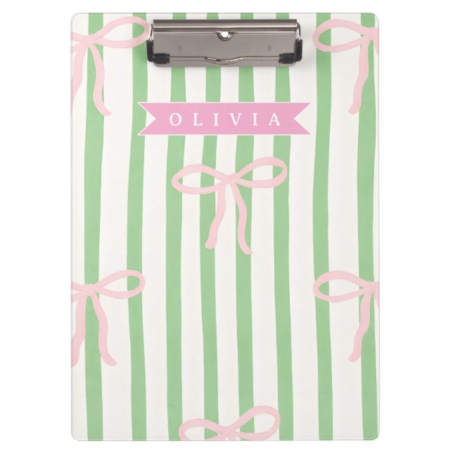 Personalized Girly Coquette Green Stripe Bow Clipboard (Front)