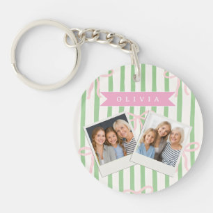 Personalized Girly Coquette Green Stripe Bow Keychain