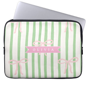 Personalized Girly Coquette Green Stripe Bow Laptop Sleeve