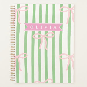 Personalized Girly Coquette Green Stripe Bow Planner