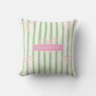 Personalized Girly Coquette Green Stripe Bow Throw Pillow