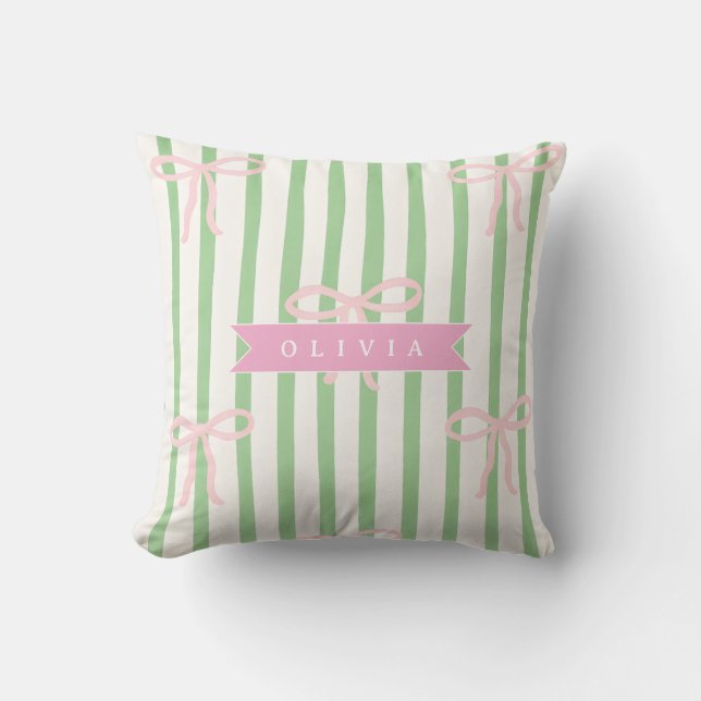 Personalized Girly Coquette Green Stripe Bow Throw Pillow (Front)