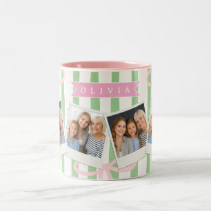 Personalized Girly Coquette Green Stripe Bow Two-Tone Coffee Mug