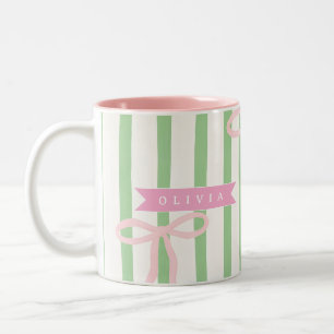 Personalized Girly Coquette Green Stripe Bow Two-Tone Coffee Mug