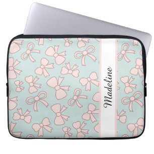 Personalized Girly Cute Bow Name Blue Pink Laptop Sleeve