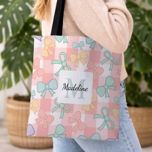 Personalized Girly Cute Bow Name Gingham Pastel Tote Bag