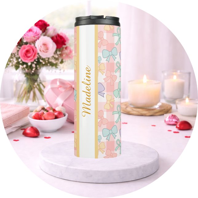 Personalized Girly Cute Bow Name Gingham Thermal Tumbler (Creator Uploaded)