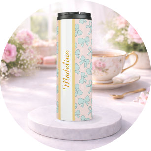 Personalized Girly Cute Bow Name Pink Blue Thermal Tumbler