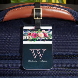 Personalized Girly Floral Stripped Monogram Travel Luggage Tag