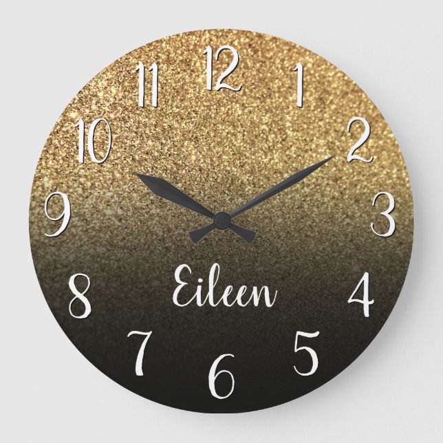Personalized Girly Gold Glitter Black Ombre Large Clock (Front)