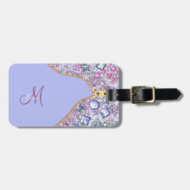 Personalized Girly Gold Glitter Monogrammed Blue Luggage Tag (Front Horizontal)