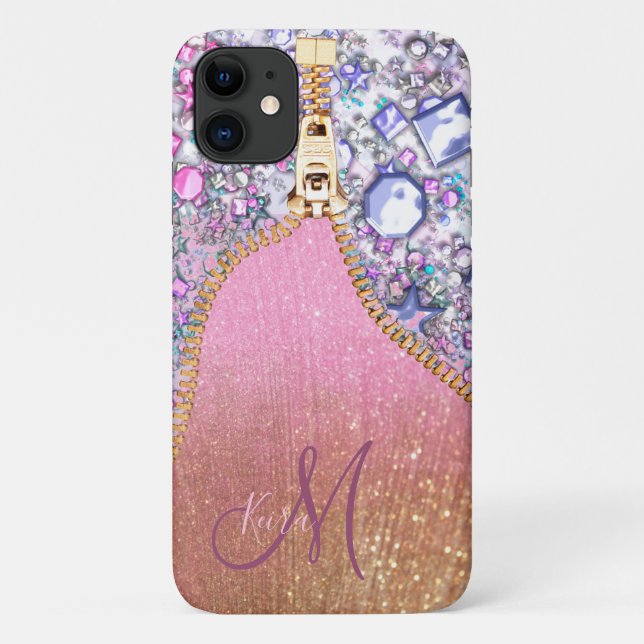 Personalized Girly Gold Glitter Monogrammed Rose Case-Mate iPhone Case (Back)