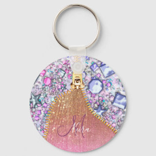 Personalized Girly Gold Glitter Monogrammed Rose Keychain