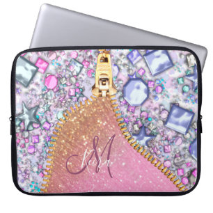 Personalized Girly Gold Glitter Monogrammed Rose Laptop Sleeve