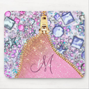 Personalized Girly Gold Glitter Monogrammed Rose Mouse Pad