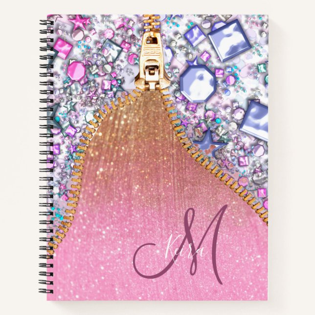 Personalized Girly Gold Glitter Monogrammed Rose Notebook (Front)