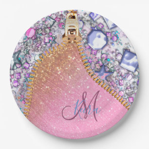 Personalized Girly Gold Glitter Monogrammed Rose Paper Plate