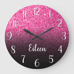 Personalized Girly Hot Pink Glitter Black Ombre Large Clock
