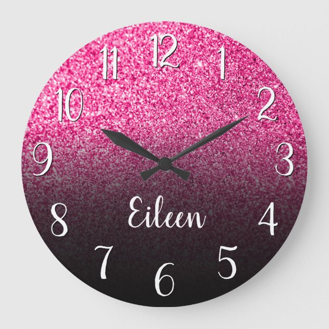 Personalized Girly Hot Pink Glitter Black Ombre Large Clock (Front)