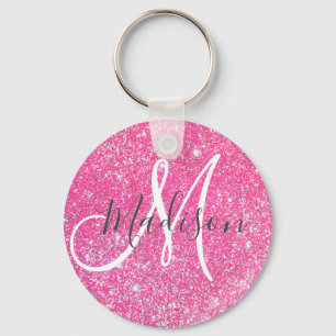 Personalized Girly Hot Pink Glitter Sparkle Name Keychain