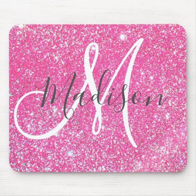 Personalized Girly Hot Pink Glitter Sparkle Name Mouse Pad (Front)
