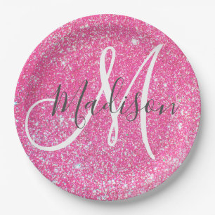 Personalized Girly Hot Pink Glitter Sparkle Name Paper Plate