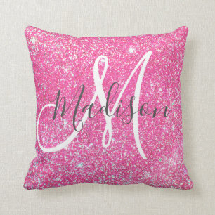 Personalized Girly Hot Pink Glitter Sparkle Name Throw Pillow