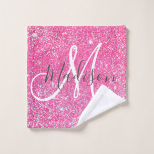 Personalized Girly Hot Pink Glitter Sparkle Name Wash Cloth