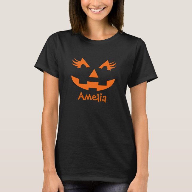 Personalized Girly Jack O Lantern Halloween T-Shirt (Front)