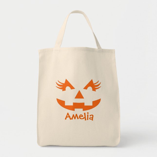 Personalized Girly Jack O Lantern Halloween Tote Bag (Front)