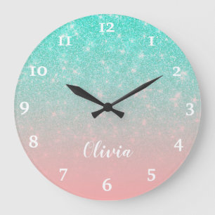 Personalized Girly Mint Pink Glitter Glam Ombre Large Clock