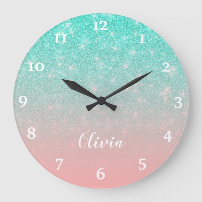 Personalized Girly Mint Pink Glitter Glam Ombre Large Clock (Front)