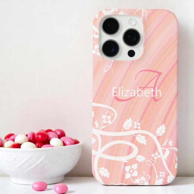 Personalized Girly Monogram Name Pink White Floral Case-Mate iPhone Case (Monogram and name template phone case)