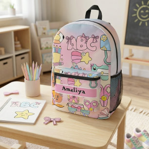 Personalized Girly Pastel ABC Icons Back to School Printed Backpack