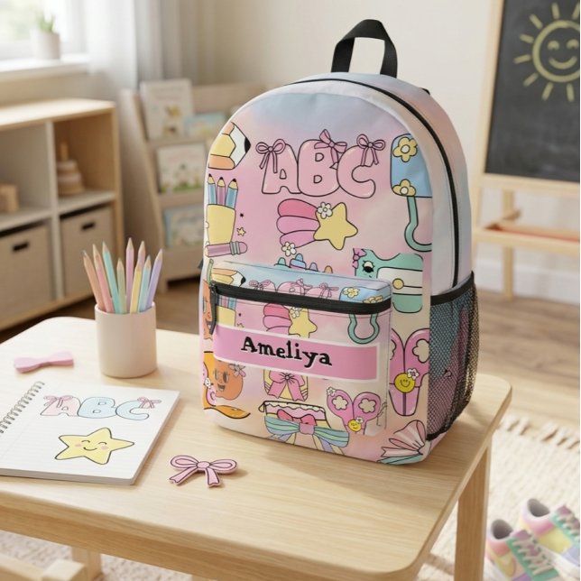 Personalized Girly Pastel ABC Icons Back to School Printed Backpack (Creator Uploaded)
