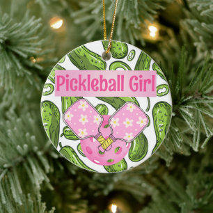 Personalized Girly Pickleball Paddles Pink Floral Ceramic Ornament
