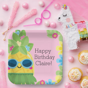 Personalized Girly Pineapple Tropical Birthday Paper Plate