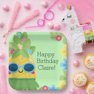 Personalized Girly Pineapple Tropical Birthday  Paper Plate