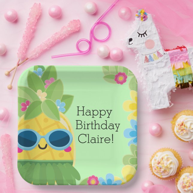 Personalized Girly Pineapple Tropical Birthday  Paper Plate (Party)