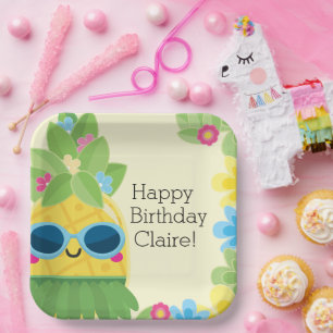 Personalized Girly Pineapple Tropical Birthday  Paper Plate