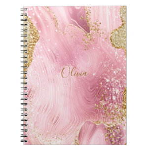 Personalized Girly Pink Agate w/Gold Glitter Notebook
