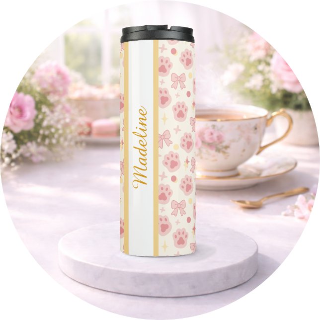 Personalized Girly Pink Cat Paw Cute Bow Name Thermal Tumbler (Creator Uploaded)