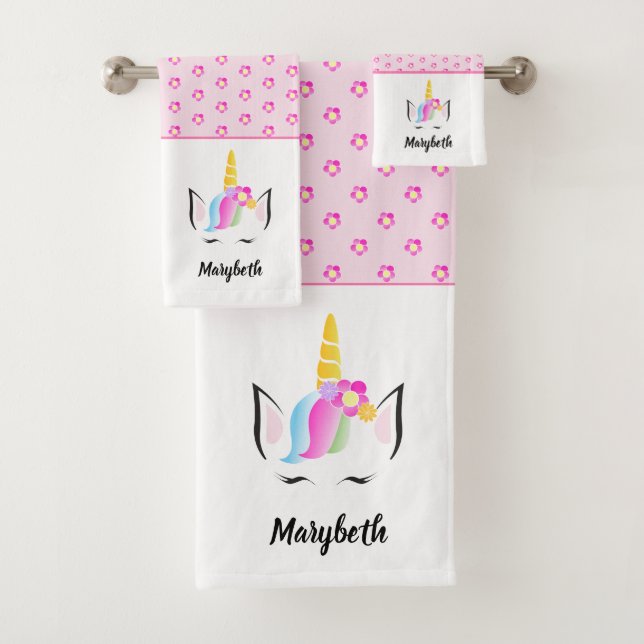 Personalized Girly Pink Cute Magical Unicorn Bath Towel Set (Insitu)