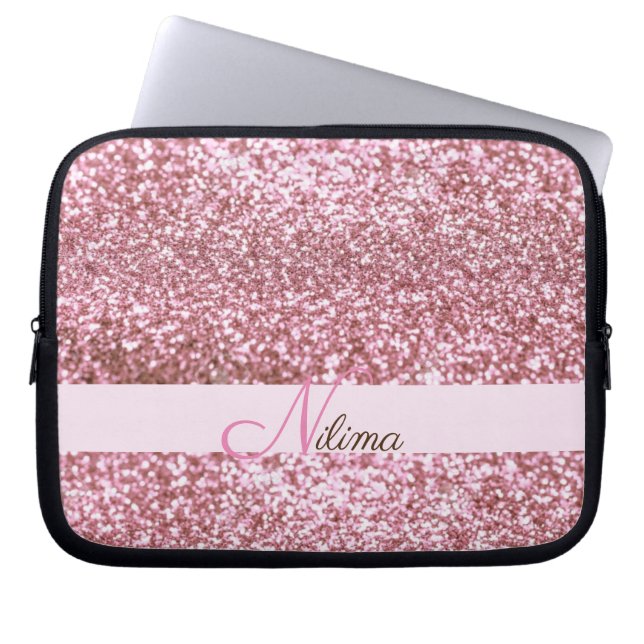 Personalized Girly pink Faux Glitter Sparkles Name Laptop Sleeve (Front)