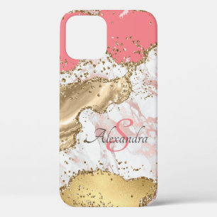 Personalized Girly Pink Glitter Agate Monogrammed iPhone 12 Pro Case