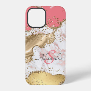Personalized Girly Pink Glitter Agate Monogrammed iPhone 12 Pro Case