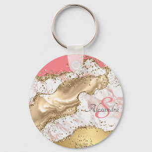 Personalized Girly Pink Glitter Agate Monogrammed Keychain