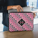 Personalized Girly Pink Glitter Geometric Pattern Laptop Sleeve<br><div class="desc">This personalized girly laptop sleeve features colourful geometric pattern (squares) in pink,  purple glitter,  black and white. Large monogram and name in pretty script font are framed at the centre in matching shades.</div>